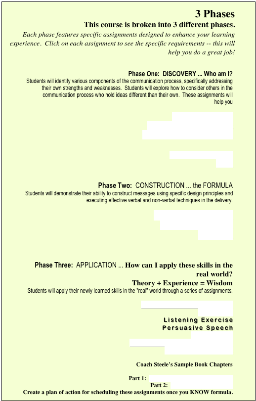 3 Phases
This course is broken into 3 different phases.  
Each phase features specific assignments designed to enhance your learning experience.  Click on each assignment to see the specific requirements -- this will help you do a great job!


Phase One:  DISCOVERY ... Who am I? 
Students will identify various components of the communication process, specifically addressing their own strengths and weaknesses.  Students will explore how to consider others in the communication process who hold ideas different than their own.  These assignments will help you   

Famous Speech
Plagiarism Worksheet
Speech of Introduction

Personality Tests
Joke


Phase Two:  CONSTRUCTION ... the FORMULA
Students will demonstrate their ability to construct messages using specific design principles and executing effective verbal and non-verbal techniques in the delivery.

Midterm Formula.doc
Informative Speech
Research



Phase Three:  APPLICATION ... How can I apply these skills in the real world?
Theory + Experience = Wisdom
Students will apply their newly learned skills in the "real" world through a series of assignments.  

Letter to Representative
Interview
Listening Exercise
Persuasive Speech
NOTEBOOK
Textbook:  Chapter Quizzes
Speech Final.docx

Coach Steele’s Sample Book Chapters   

Part 1:  Untangle Your Tongue Final.doc
Part 2:  Book Formula Final.doc
Create a plan of action for scheduling these assignments once you KNOW formula.